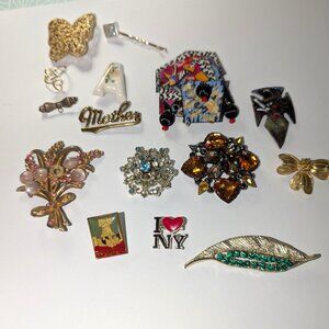Vintage Brooches lot Leaf Green Cz*Yellow Brooch Faux Cz*Monogram A*Artisan